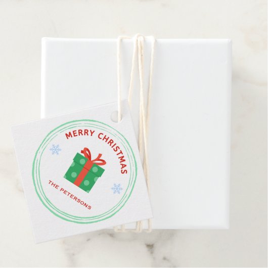 Vrolijk Kerstfeest rode tekst geschenkdoos op wit Bedankjes Labels (In situ)