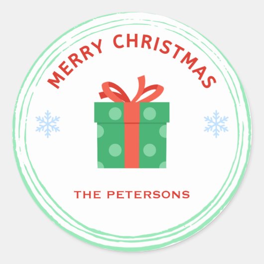 Vrolijk Kerstfeest rode tekst geschenkdoos op wit Ronde Sticker (Voorkant)