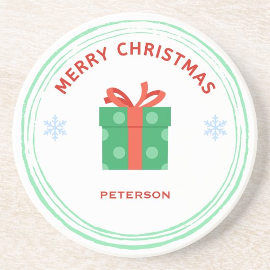 Vrolijk Kerstfeest rode tekst geschenkdoos op wit Zandsteen Onderzetter (Voorkant)