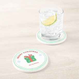 Vrolijk Kerstfeest rode tekst geschenkdoos op wit Zandsteen Onderzetter