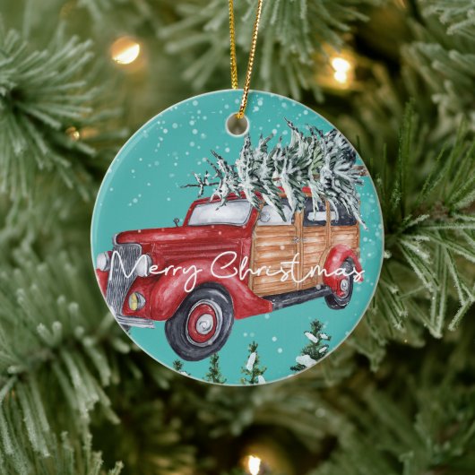 Vrolijk Kerstfeest Rode Truck Winter Sneeuwval Keramisch Ornament (Boom)