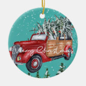 Vrolijk Kerstfeest Rode Truck Winter Sneeuwval Keramisch Ornament (Voorkant)