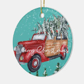 Vrolijk Kerstfeest Rode Truck Winter Sneeuwval Keramisch Ornament (Links)