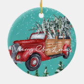 Vrolijk Kerstfeest Rode Truck Winter Sneeuwval Keramisch Ornament (Achterkant)