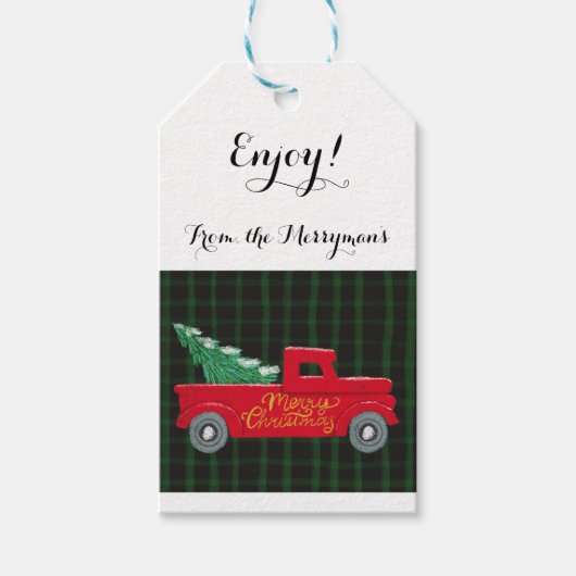 Vrolijk kerstfeest, Rode vrachtwagen met kerstboom Cadeaulabel (Voorkant)