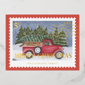 Vrolijk kerstfeest  Rode vrachtwagen — Stempel Folie Feestdagen Briefkaart (Voorkant)