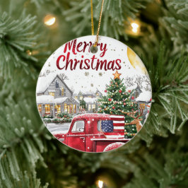 Vrolijk Kerstfeest Rode Vrachtwagen Vakantie Ornam Keramisch Ornament
