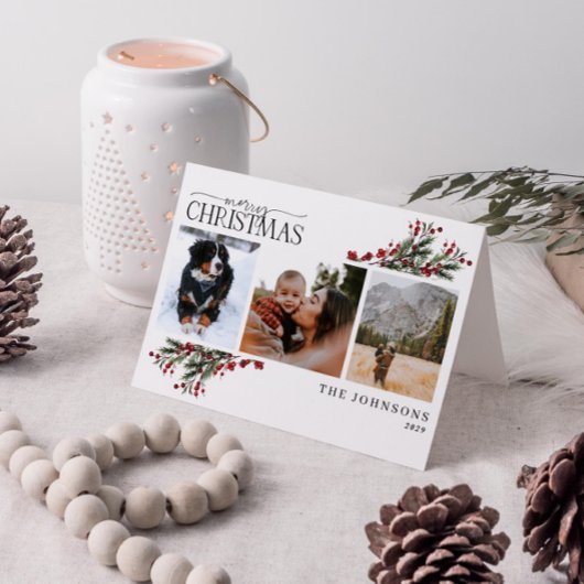 Vrolijk kerstfeest Rode winter Botanische foto Ho Feestdagen Kaart