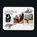 Vrolijk kerstfeest Rode winter Botanische foto Ho Magneet<br><div class="desc">Op zoek naar een unieke vakantiekaart die echt opvalt? Bekijk onze prettige kerstwarme rode winter botanische foto Magnet Holiday Kaart! Deze mooie kaart bevat drie van je favoriete foto's, omgeven door feestelijke rode en groene wintermotieven. De moderne kalligrafie voltooit de blik, makend deze één vakantiekaart die zeker is om indruk...</div>