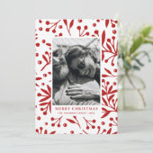 Vrolijk kerstfeest. Rode winterflorale botanische  Feestdagenkaart (Staand voorkant)