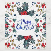 Vrolijk Kerstfeest- Rood Blauw Holly Berries Patro Wijn Etiket (Enkel label)