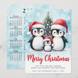 Vrolijk Kerstfeest Rood en Blauw Schattige Pinguïn Feestdagenkaart