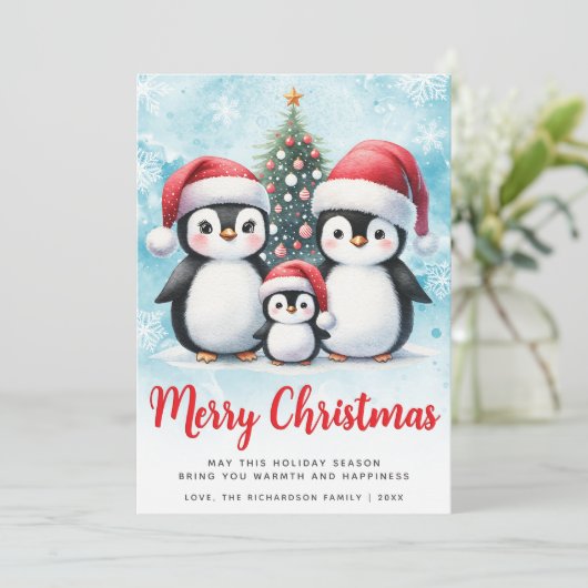 Vrolijk Kerstfeest Rood en Blauw Schattige Pinguïn Feestdagenkaart (Staand voorkant)