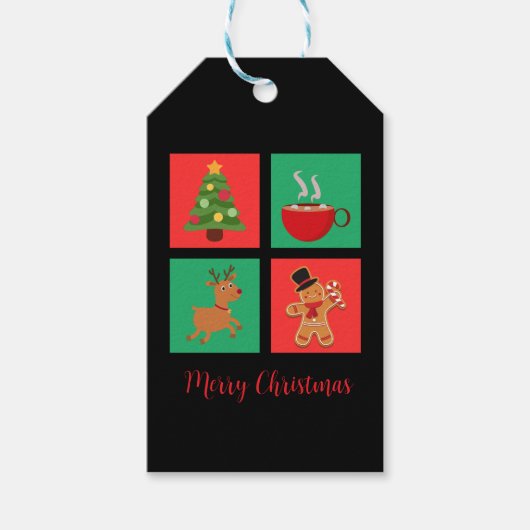 Vrolijk Kerstfeest Rood en Groen Kerstsymbolen Cadeaulabel (Voorkant)