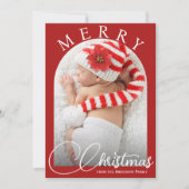 Vrolijk Kerstfeest Rood en Wit Familiefoto Feestdagenkaart (Voorkant)