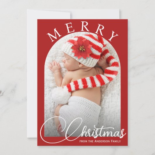 Vrolijk Kerstfeest Rood en Wit Familiefoto Feestdagenkaart (Voorkant)