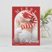 Vrolijk Kerstfeest Rood en Wit Familiefoto Feestdagenkaart (Staand voorkant)