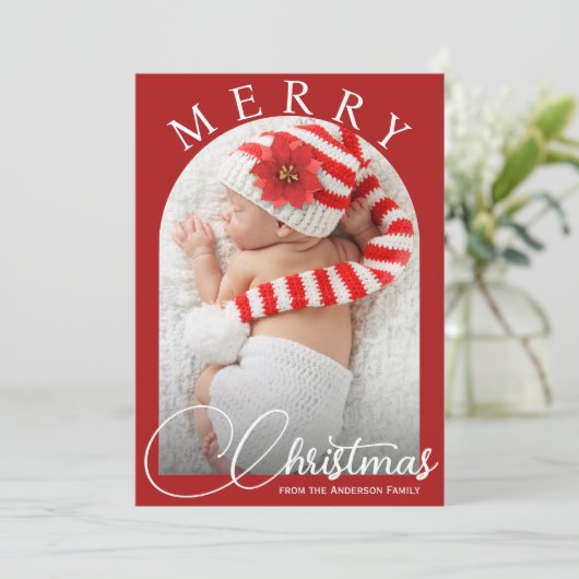 Vrolijk Kerstfeest Rood en Wit Familiefoto Feestdagenkaart (Staand voorkant)