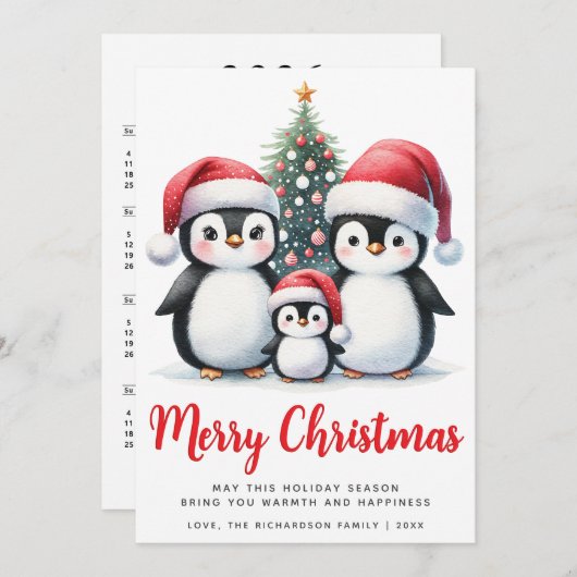 Vrolijk Kerstfeest Rood en Wit Schattige Pinguïn F Feestdagenkaart (Voorkant / Achterkant)