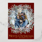 Vrolijk Kerstfeest Rood & Goud Familie Foto Folie Feestdagenkaart (Voorkant)