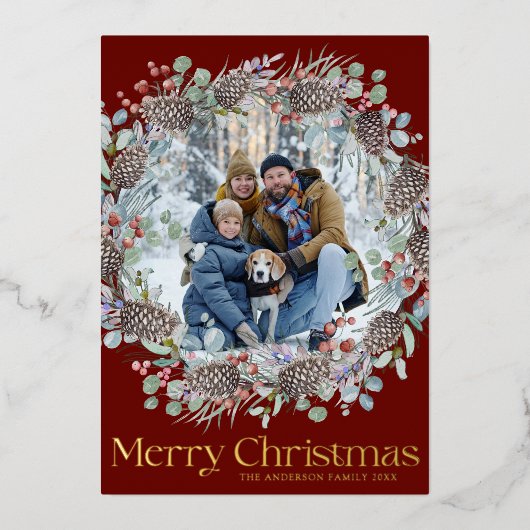 Vrolijk Kerstfeest Rood & Goud Familie Foto Folie Feestdagenkaart (Voorkant)