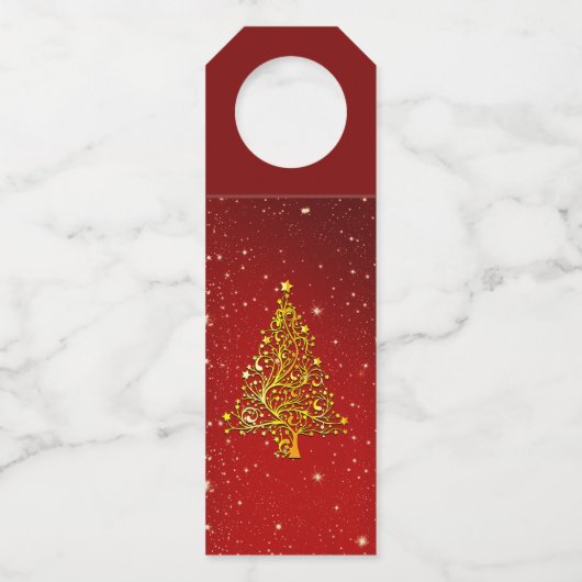 Vrolijk Kerstfeest Rood Gouden Boom Sterren Flessenhanger (Voorkant)