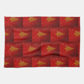 Vrolijk Kerstfeest Rood Gouden Boom Sterren Theedoek (Horizontaal)