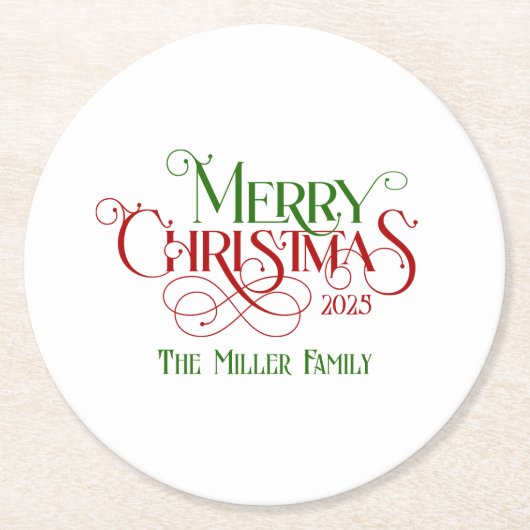 Vrolijk Kerstfeest Rood Groen Feestelijke Retro Ty Ronde Kartonnen Onderzetter (Voorkant)