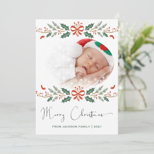 Vrolijk Kerstfeest Rood Groen Moderne Foto Feestdagenkaart (Staand voorkant)