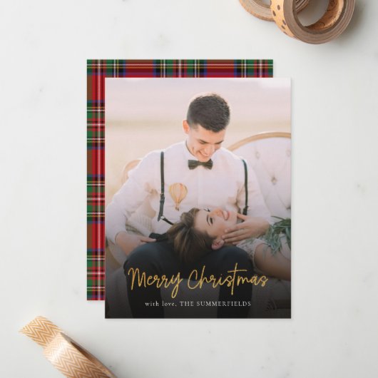Vrolijk Kerstfeest Rood Groen Stewart Tartan Foto Notitiekaartje (Voorkant / Achterkant in situ)