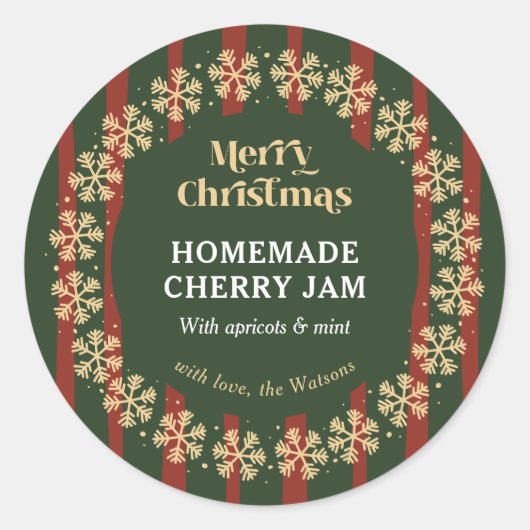 Vrolijk Kerstfeest Rood & Groene Strepen Zelfgemaa Ronde Sticker (Voorkant)