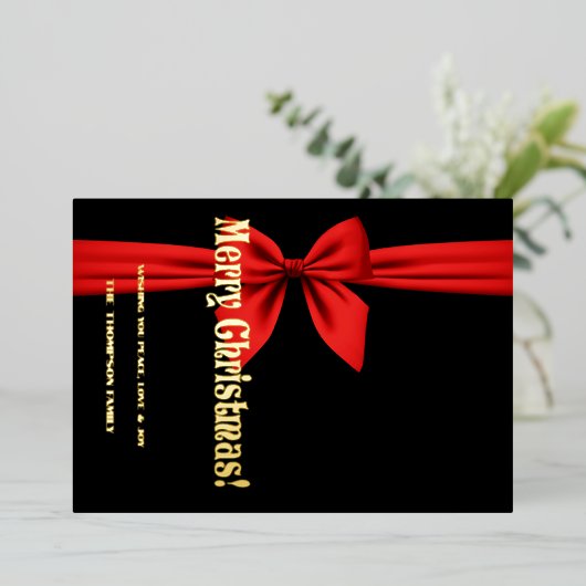 Vrolijk kerstfeest, rood lint schattig folie feestdagenkaart (Staand Voorkant)