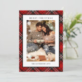 Vrolijk Kerstfeest Rood Plaid Tartan Foto Feestdagenkaart (Staand voorkant)