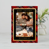 Vrolijk Kerstfeest Rood Plaid Tartan Foto Folie Feestdagenkaart (Staand Voorkant)