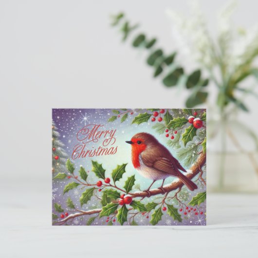Vrolijk Kerstfeest Rood Robin en bessen Feestdagenkaart (Staand voorkant)