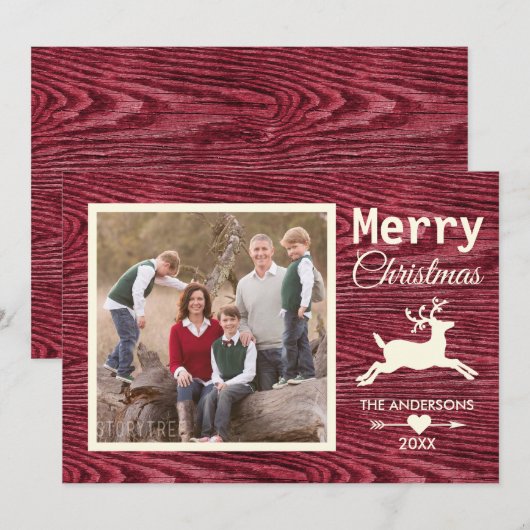 Vrolijk Kerstfeest Rood Rustiek Hout Familiefoto Feestdagenkaart (Voorkant / Achterkant)