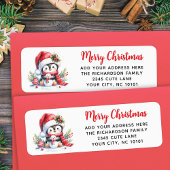 Vrolijk Kerstfeest Rood Wit Schattige Pinguïn Cust Etiket