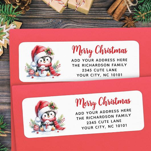 Vrolijk Kerstfeest Rood Wit Schattige Pinguïn Cust Etiket