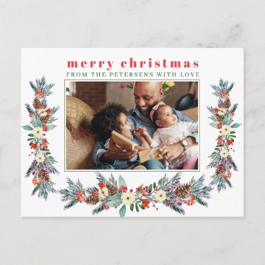 Vrolijk kerstfeest roodroodflorale foto feestdagenkaart (Voorkant)