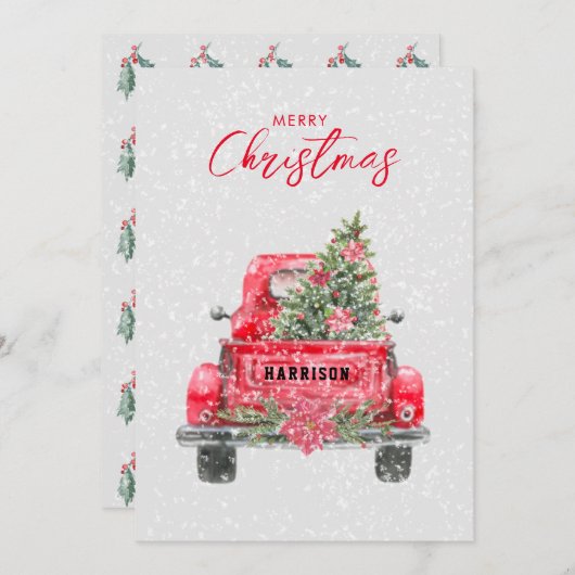 Vrolijk kerstfeest, roodroodvrachtplatte feestkaar feestdagenkaart (Voorkant / Achterkant)