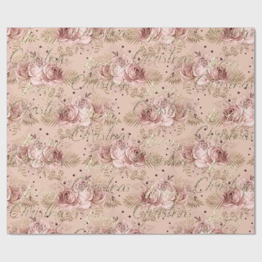 Vrolijk kerstfeest Roos Gold Glitter Script Floral Cadeaupapier (Vlak)