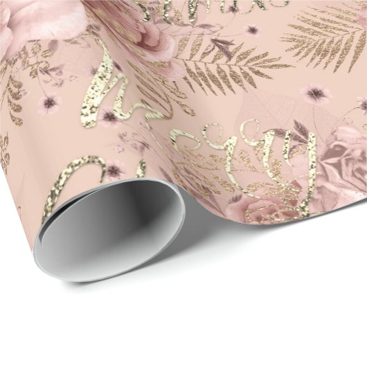 Vrolijk kerstfeest Roos Gold Glitter Script Floral Cadeaupapier (Rol Hoek)