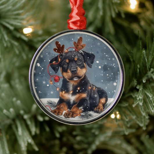 Vrolijk Kerstfeest Rottweiler Hondenrendier Metalen Ornament (Boom)
