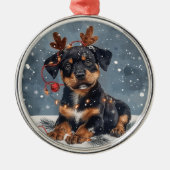 Vrolijk Kerstfeest Rottweiler Hondenrendier Metalen Ornament (Voorkant)