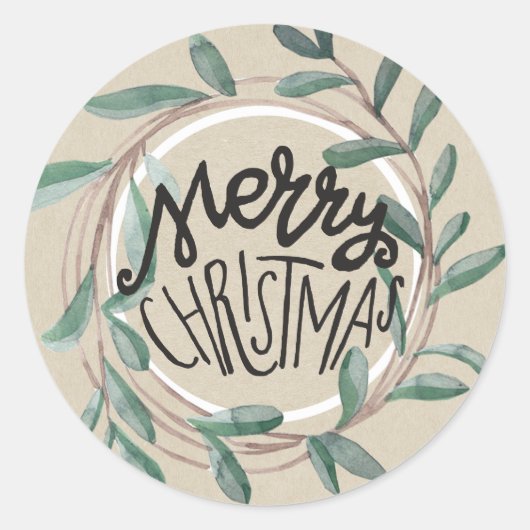 Vrolijk kerstfeest Roustic Kraft Botanical Leaf Wr Ronde Sticker (Voorkant)