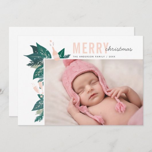 vrolijk kerstfeest. Roze en groene botanische bloe Feestdagenkaart (Voorkant / Achterkant)