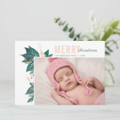 vrolijk kerstfeest. Roze en groene botanische bloe Feestdagenkaart (Staand voorkant)