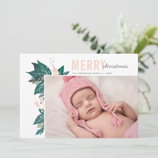 vrolijk kerstfeest. Roze en groene botanische bloe Feestdagenkaart (Staand voorkant)