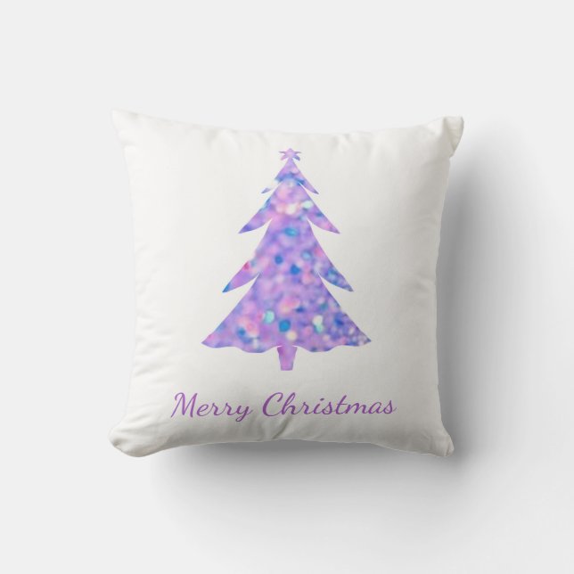 Vrolijk kerstfeest, roze glitter kerstboom kussen (Voorkant)