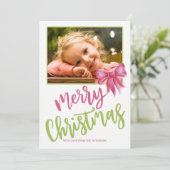 Vrolijk Kerstfeest roze groen script foto Feestdagenkaart (Staand voorkant)